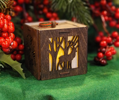 Tea Light Box Ornament w/ LED Flickering Candle Flame