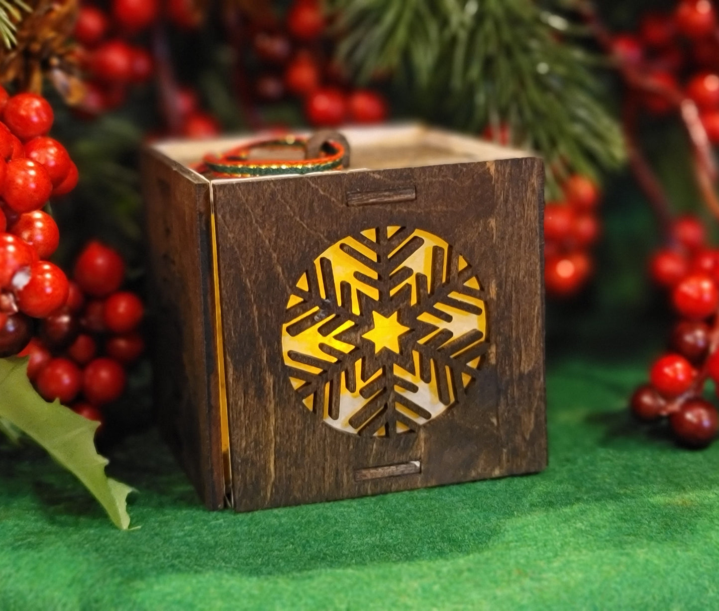 Tea Light Box Ornament w/ LED Flickering Candle Flame